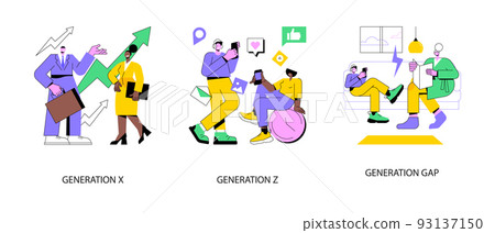 Society development abstract concept vector illustration set. Generation X and Z, young people and parents conflict, generation gap, middle age work-life balance, social media abstract metaphor. Society development abstract concept vector illustration set. Generation X and Z, young people and parents conflict, generation gap, middle age work-life balance, social media abstract metaphor. 93137150