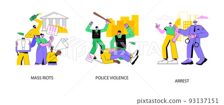 Street action abstract concept vector illustration set. Mass riots, police violence, public protest arrest, mass unrest, law enforcement, vandalism and looting, political activism abstract metaphor. 93137151