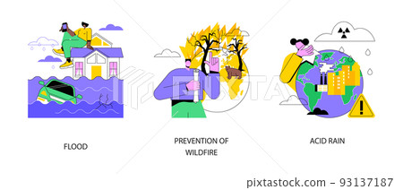 Natural disaster abstract concept vector illustration set. Flood and tropical cyclone and tsunami, prevention of wildfire, acid rain, climate change, firefighting service, rainwater abstract metaphor. 93137187