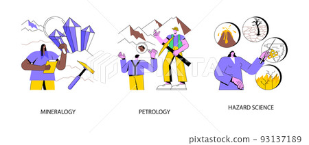 Nature science abstract concept vector illustration set. Mineralogy and petrology, natural hazard science, applied geology, rocks formation, damage and risk evaluation and research abstract metaphor. 93137189