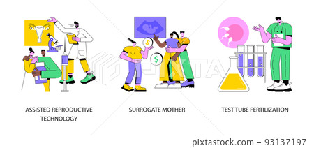 Infertility procedures abstract concept vector illustration set. Assisted reproductive technology, surrogate mother, test tube fertilization, pregnant woman, artificial insemination abstract metaphor. 93137197