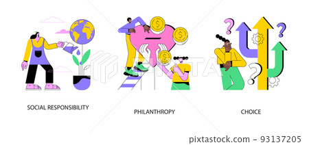Civil duty abstract concept vector illustration set. Social responsibility, philanthropy, personal choice and decision making, donation fund, finding solution, financial support abstract metaphor. Civil duty abstract concept vector illustration set. Social responsibility, philanthropy, personal choice and decision making, donation fund, finding solution, financial support abstract metaphor. 93137205