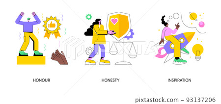 Moral principles abstract concept vector illustration set. Honour and honesty, creative inspiration, professional quality, new idea brainstorming, ethics and value, public respect abstract metaphor. Moral principles abstract concept vector illustration set. Honour and honesty, creative inspiration, professional quality, new idea brainstorming, ethics and value, public respect abstract metaphor. 93137206