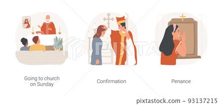 Christian rituals isolated cartoon vector illustration set. Catholic couple attending church on Sunday, confirmation ritual in the church, woman penance in the confession booth vector cartoon. 93137215