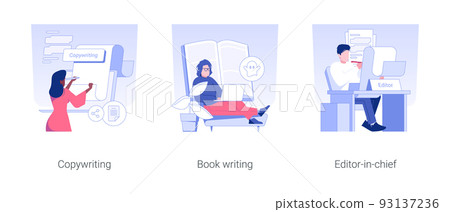 Editorial services isolated concept vector illustration set. Copywriting and copyediting remote job, book writing, editor in chief and publishing service, self-employed people vector cartoon. Editorial services isolated concept vector illustration set. Copywriting and copyediting remote job, book writing, editor in chief and publishing service, self-employed people vector cartoon. 93137236