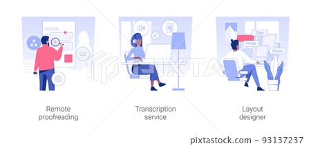 Remote worker services isolated concept vector illustration set. Remote proofreading, transcription service, layout designer, articles proofreading, self-employed people vector cartoon. 93137237