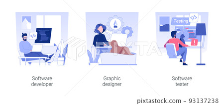 Remote IT jobs isolated concept vector illustration set. Software developer, graphic designer, software tester, self-employed professionals, digital nomad, work from home vector cartoon. Remote IT jobs isolated concept vector illustration set. Software developer, graphic designer, software tester, self-employed professionals, digital nomad, work from home vector cartoon. 93137238