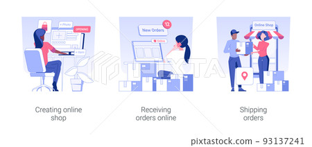 Ecommerce store owner isolated concept vector illustration set. Creating online shop, recieving orders online, shipping order to customer, courier service, e-commerce platform vector cartoon. 93137241