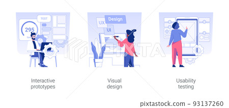 UX designer services isolated concept vector illustration set. Interactive prototypes, visual design, usability testing, user experience, style guide creation, software development vector cartoon. 93137260