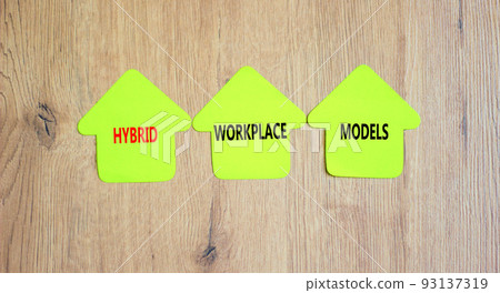 Hybrid workplace models and support symbol. Concept words Hybrid workplace models on green paper on clothespins. Beautiful wooden background. Business Hybrid workplace models quote concept. Copy space 93137319