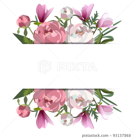 Pink wedding horizontal botanical vector design banner. Magnolias, peony flowers with leaves and stems. Pink wedding horizontal botanical vector design banner. Magnolias, peony flowers with leaves and stems. 93137868