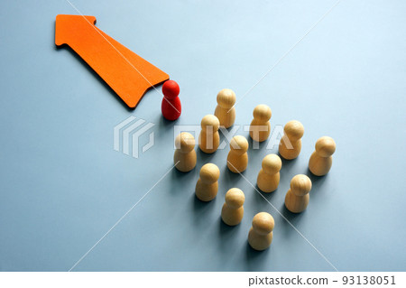 Autocratic leadership concept. Arrow and column of figurines with one in front. Autocratic leadership concept. Arrow and column of figurines with one in front. 93138051