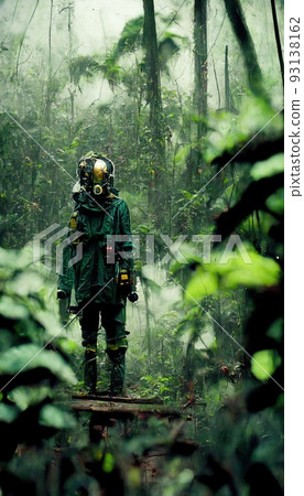 A survivor of the apocalypse is hiding in the jungle. Post-apocalyptic atmosphere. Concept of apocalypse and survival. Perfect for phone wallpaper or for posters. 3D rendering. A survivor of the apocalypse is hiding in the jungle. Post-apocalyptic atmosphere. Concept of apocalypse and survival. Perfect for phone wallpaper or for posters. 3D rendering. 93138162