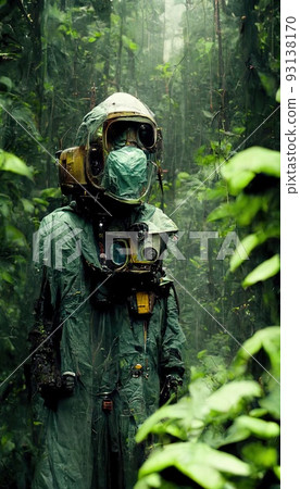 A survivor of the apocalypse is hiding in the jungle. Post-apocalyptic atmosphere. Concept of apocalypse and survival. Perfect for phone wallpaper or for posters. 3D rendering. A survivor of the apocalypse is hiding in the jungle. Post-apocalyptic atmosphere. Concept of apocalypse and survival. Perfect for phone wallpaper or for posters. 3D rendering. 93138170