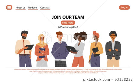 Multinational business community. Join our team vector landing page and website template. Group of diverse business people and company office staff. Teamwork, man and woman employee Multinational business community. Join our team vector landing page and website template. Group of diverse business people and company office staff. Teamwork, man and woman employee 93138252
