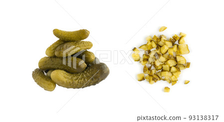 Diced Pickled Gherkins or Chopped Cucumbers Isolated on White Diced Pickled Gherkins or Chopped Cucumbers Isolated on White 93138317