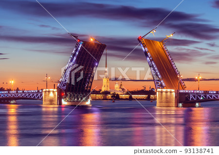 Palace Bridge at sunrise. Moveable bridge. Saint Petersburg. Russia. Palace Bridge at sunrise. Moveable bridge. Saint Petersburg. Russia. 93138741