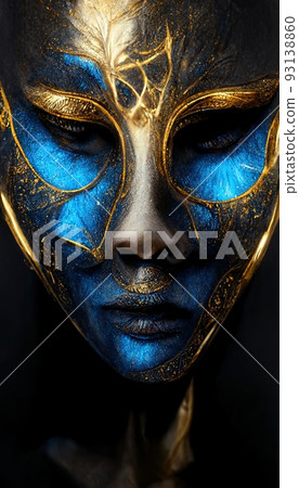 Blue-Gold Medieval Mask. A festival in masks in ancient times. Carnival concept in masks. Perfect for phone wallpaper or for posters. 3d rendering Blue-Gold Medieval Mask. A festival in masks in ancient times. Carnival concept in masks. Perfect for phone wallpaper or for posters. 3d rendering 93138860