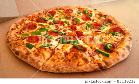 Pepperoni or Diabola Pizza in Delivery Box Top View Pepperoni or Diabola Pizza in Delivery Box Top View 93139232