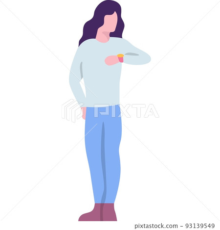 Woman looking at wristwatch checking time icon Woman looking at wristwatch checking time icon 93139549