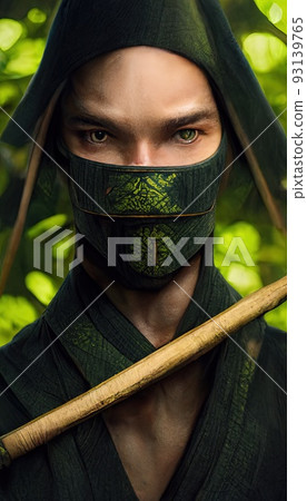 Ninja depicted in a photorealistic style. The concept of ancient Japanese ninja. tech man from the future. The concept of virtual reality and cyberpunk. 3d rendering 93139765
