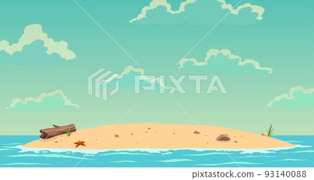 Robinson crusoe island. Desert island in ocean. Sunny day. Tropical paradise landscape, sandy beach flat cartoon vector illustration 93140088