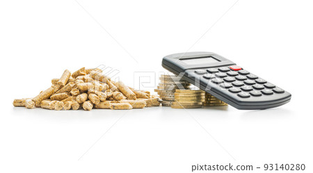 Wooden pellets, calculator and coins money head isolated on white background. Biomass - Renewable source of heating. 93140280