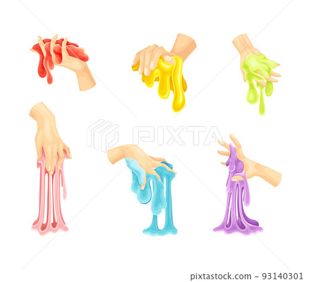 Human hands playing and stretching slime set. Slimy toy for kids cartoon vector illustration 93140301