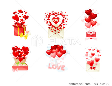 Happy Valentine's Day with Heart Balloon in Gift Box and Envelope Vector Composition Set 93140429