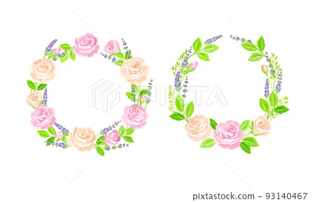 Floral Wreath Arranged from Lavender Twigs and Rose Buds Vector Set 93140467