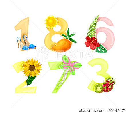 Bright Summer Numbers with Sunny Season Attributes Vector Set Bright Summer Numbers with Sunny Season Attributes Vector Set 93140471