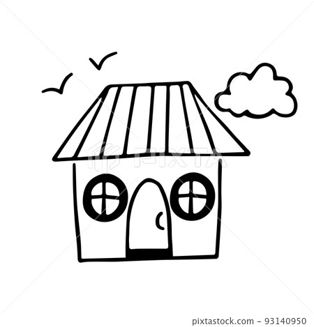 Beach house line drawing isolated. A small house with round windows and a door. Cute doodles. Hand drawn vector illustration in cartoon style. Beach house line drawing isolated. A small house with round windows and a door. Cute doodles. Hand drawn vector illustration in cartoon style. 93140950