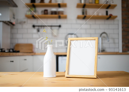 empty frame on modern kitchen table mock up space for your text empty frame on modern kitchen table mock up space for your text 93141613