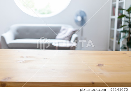 empty wooden tabletop and blurred living room mock up for product display 93141670
