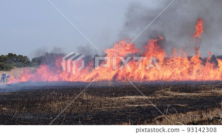 像一堵巨大的牆一樣高高燃燒的火焰 93142308