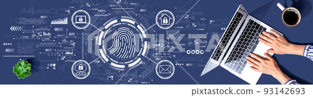 Fingerprint scanning theme with person using a laptop Fingerprint scanning theme with person using a laptop 93142693