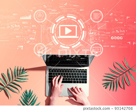 Webinar concept with person using a laptop Webinar concept with person using a laptop 93142708