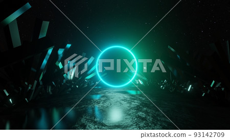 Abstract Neon Background. Glowing circle among crystals. Abstract Neon Background. Glowing circle among crystals. 93142709
