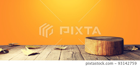 Autumn leaves with a round wooden podium - 3D Autumn leaves with a round wooden podium - 3D 93142759