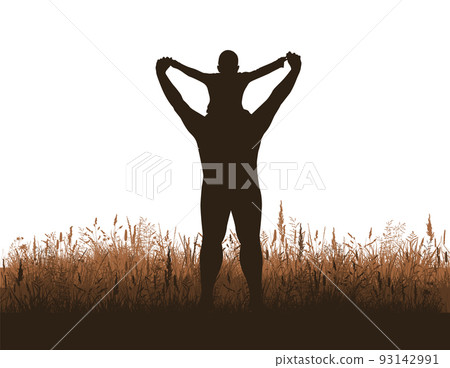 Father's Day. Silhouette of a father on his shoulders with his son in nature. Vector illustration 93142991