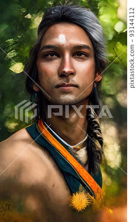 Portrait of an Aztec men against a background of nature. Aztecs in traditional Aztec clothing. Perfect for phone wallpaper or for posters. Portrait of an Aztec men against a background of nature. Aztecs in traditional Aztec clothing. Perfect for phone wallpaper or for posters. 93144112