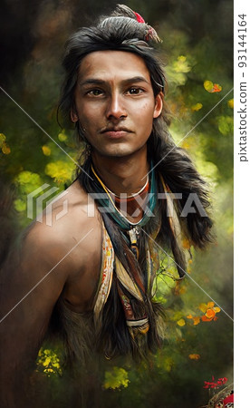 Portrait of an Aztec men against a background of nature. Aztecs in traditional Aztec clothing. Perfect for phone wallpaper or for posters. Portrait of an Aztec men against a background of nature. Aztecs in traditional Aztec clothing. Perfect for phone wallpaper or for posters. 93144164