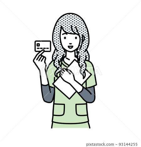 A nurse woman standing and holding documents and cards A nurse woman standing and holding documents and cards 93144255