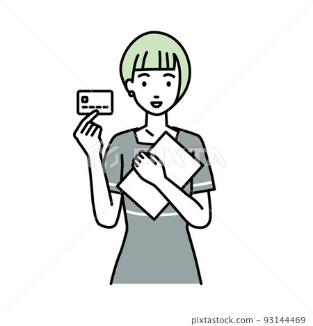 Esthetic clerk, customer service, receptionist woman standing and holding documents and cards Esthetic clerk, customer service, receptionist woman standing and holding documents and cards 93144469