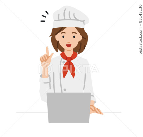 A cook woman sitting at a desk, opening a PC and inspiring something 93145130