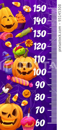 Kids height chart ruler with Halloween cartoon holiday pumpkins, sweets and candies. Vector ruler of growth measure meter, trick or treat food stadiometer, scale sticker with cakes, candy corn, cookie Kids height chart ruler with Halloween cartoon holiday pumpkins, sweets and candies. Vector ruler of growth measure meter, trick or treat food stadiometer, scale sticker with cakes, candy corn, cookie 93145308