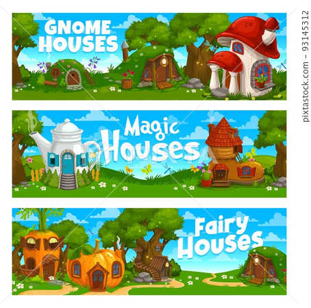 Cartoon game landscape and level background with gnome and elf houses or dwellings. Vector fairytale dwarfs or magic elf homes in tree stump, mushroom and teapot or pumpkin 93145312