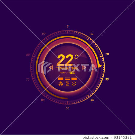 Thermostat, smart thermometer and temperature control dial. Vector digital thermostat, air conditioner, heater or climate control system regulator with neon display, temperature, humidity indicators 93145351