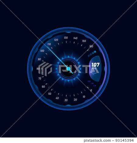Futuristic car speedometer gauge blue dial. Vehicle tachometer, automobile dashboard futuristic speed meter vector scale with MPH info, glowing arrow. Speedometer digital display, odometer indicator Futuristic car speedometer gauge blue dial. Vehicle tachometer, automobile dashboard futuristic speed meter vector scale with MPH info, glowing arrow. Speedometer digital display, odometer indicator 93145394