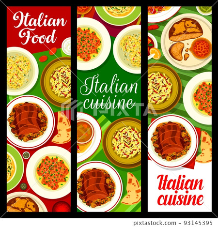Italian cuisine banners. Meat bread, beef meat Chianti Crudo and crispy salami pasta, black tea, beef salad Tenerumi and beef roll Braciola, spaghetti pasta with garlic , Linguine pasta with crab meat 93145395